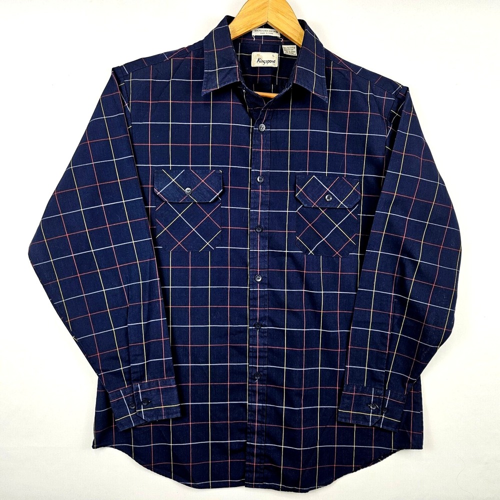 Vintage Kingsport Western Shirt Size L Blue Window Pane Plaid Sleeve Button-Up